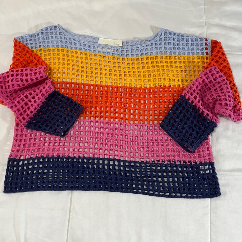 Maeve by Anthropologie Multicolored Crochet Open Knit Colorblock Striped Poncho - Picture 4 of 7